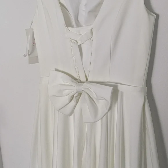 Off White Boatneck Midi Wedding Dress Romantic Lace-Up Back and bow Sz 6 NEW - Picture 10 of 16